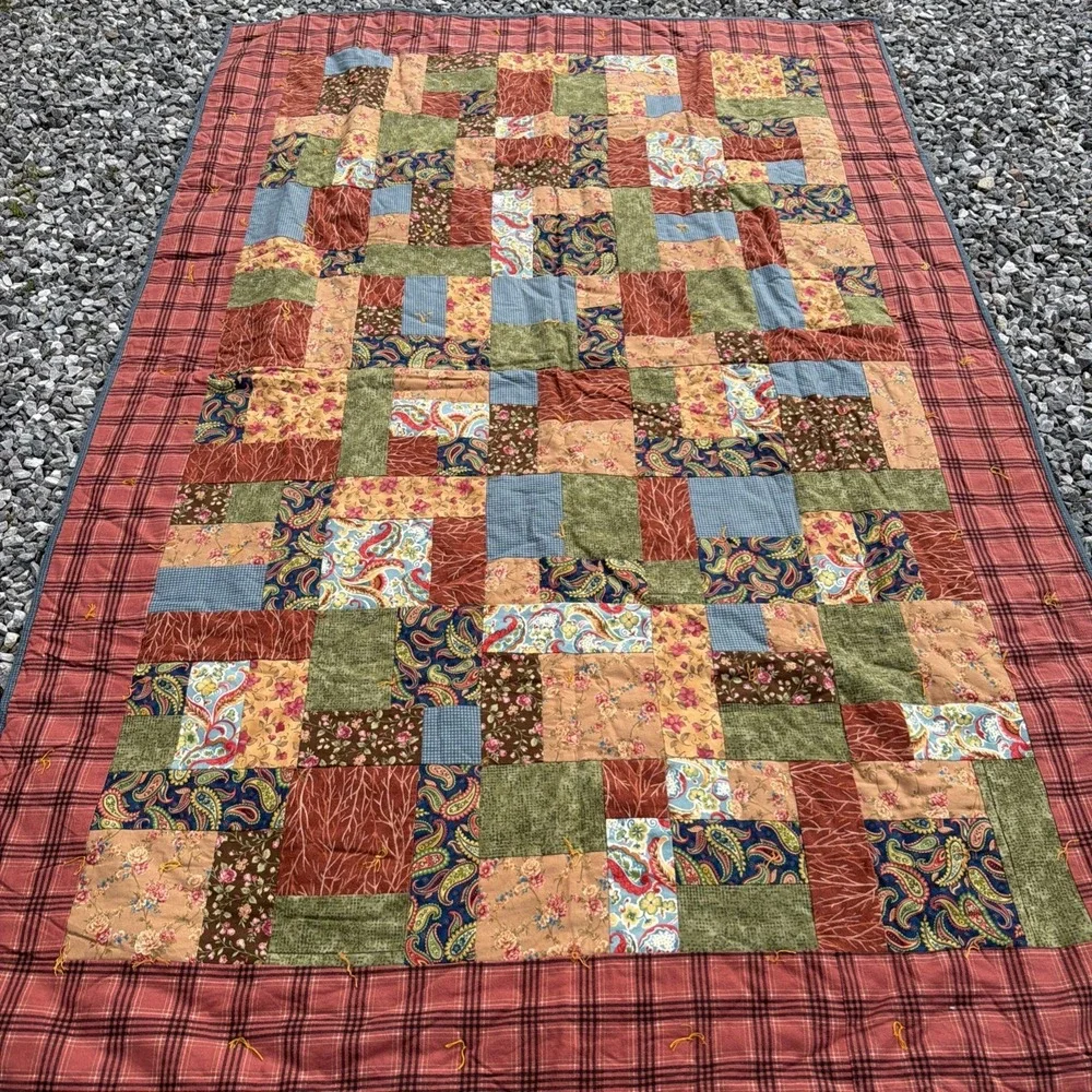 Vintage Handmade Patchwork Quilt Earth Tones Country Cottagecore Cozy 56 x 80